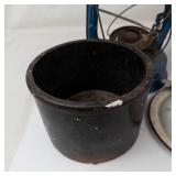 Vintage Blue Lantern With Broken Wooden Lazy Susan & Metal Container