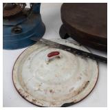 Vintage Blue Lantern With Broken Wooden Lazy Susan & Metal Container