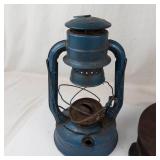 Vintage Blue Lantern With Broken Wooden Lazy Susan & Metal Container