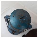 Vintage Blue Lantern With Broken Wooden Lazy Susan & Metal Container