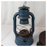 Vintage Blue Lantern With Broken Wooden Lazy Susan & Metal Container