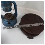 Vintage Blue Lantern With Broken Wooden Lazy Susan & Metal Container
