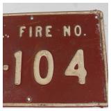 Vintage F. L. Fire No. P-104 Metal Sign Plate