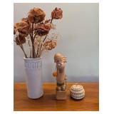 Mixed Lot of 3 Decorative Home Pieces - Vase, Carved Figure & Woven Basket