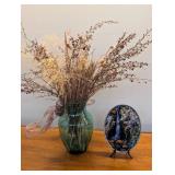 Decorative Green Glass Vase With Dried Floral Arrangement & Waterfall Plate (Lot of 2)