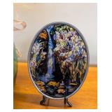 Decorative Green Glass Vase With Dried Floral Arrangement & Waterfall Plate (Lot of 2)