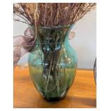 Decorative Green Glass Vase With Dried Floral Arrangement & Waterfall Plate (Lot of 2)