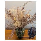 Decorative Green Glass Vase With Dried Floral Arrangement & Waterfall Plate (Lot of 2)
