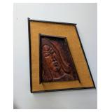 Carved Wood Face Wall Sculpture in Framed Woven Panel