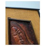 Carved Wood Face Wall Sculpture in Framed Woven Panel