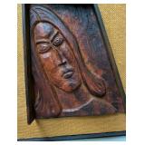 Carved Wood Face Wall Sculpture in Framed Woven Panel