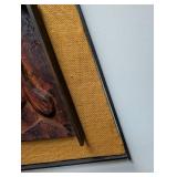 Carved Wood Face Wall Sculpture in Framed Woven Panel