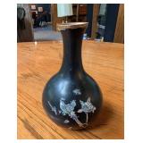 Black Inlaid Metal Vase With Bird & Floral Motif