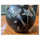 Black Inlaid Metal Vase With Bird & Floral Motif