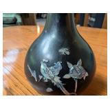 Black Inlaid Metal Vase With Bird & Floral Motif
