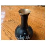 Black Inlaid Metal Vase With Bird & Floral Motif