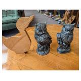 Decorative Owl Figurines and Wooden Bird Sculpture (Lot of 3)
