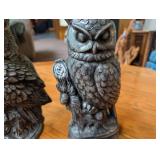 Decorative Owl Figurines and Wooden Bird Sculpture (Lot of 3)