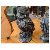 Decorative Owl Figurines and Wooden Bird Sculpture (Lot of 3)