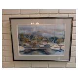 Signed 1997 Watercolor Harbor Scene in Frame