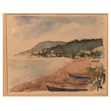 Signed Watercolor Coastal Landscape in Frame