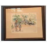 Signed Framed Watercolor of Two Girls
