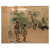Signed Framed Watercolor of Two Girls