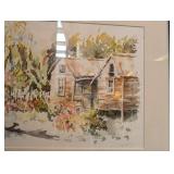 Framed Cottage Watercolor Landscape