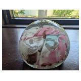 Art Glass Paperweight With Pink, Blue & White Ribbon Swirls