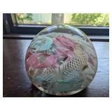 Art Glass Paperweight With Pink, Blue & White Ribbon Swirls