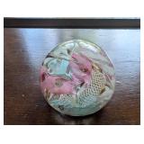 Art Glass Paperweight With Pink, Blue & White Ribbon Swirls