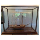 Hand Made Wooden Three-Mast Sailing Ship Model in Glass Display Case