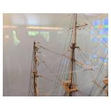 Hand Made Wooden Three-Mast Sailing Ship Model in Glass Display Case