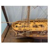 Hand Made Wooden Three-Mast Sailing Ship Model in Glass Display Case