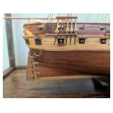 Hand Made Wooden Three-Mast Sailing Ship Model in Glass Display Case