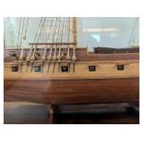 Hand Made Wooden Three-Mast Sailing Ship Model in Glass Display Case