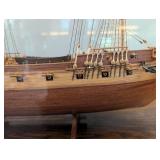 Hand Made Wooden Three-Mast Sailing Ship Model in Glass Display Case