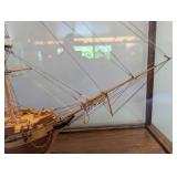 Hand Made Wooden Three-Mast Sailing Ship Model in Glass Display Case