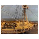 Hand Made Wooden Three-Mast Sailing Ship Model in Glass Display Case