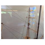 Hand Made Wooden Three-Mast Sailing Ship Model in Glass Display Case