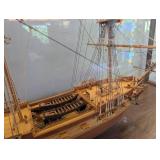 Hand Made Wooden Three-Mast Sailing Ship Model in Glass Display Case