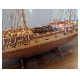 Hand Made Wooden Three-Mast Sailing Ship Model in Glass Display Case