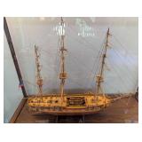Hand Made Wooden Three-Mast Sailing Ship Model in Glass Display Case