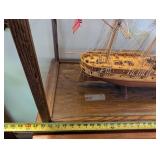 Hand Made Wooden Three-Mast Sailing Ship Model in Glass Display Case