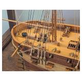 Hand Made Wooden Three-Mast Sailing Ship Model in Glass Display Case
