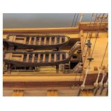 Hand Made Wooden Three-Mast Sailing Ship Model in Glass Display Case