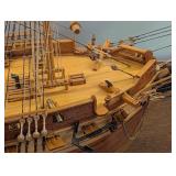 Hand Made Wooden Three-Mast Sailing Ship Model in Glass Display Case