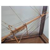 Hand Made Wooden Three-Mast Sailing Ship Model in Glass Display Case