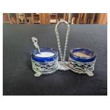 Blue Glass Condiment Set With Caddy