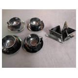 Black Glass Cup and Saucer Set With Geometric Caddy (Lot of 5)